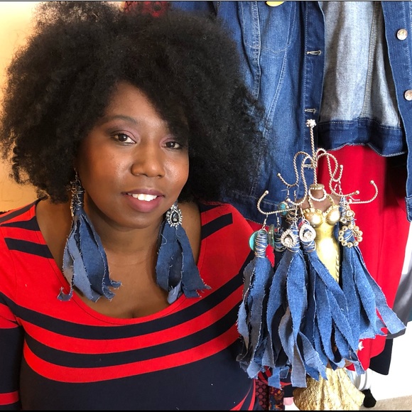 Denim Blue Jean Earrings with Bling Embellishments - Picture 8 of 8